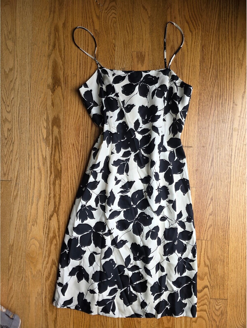 Vintage Y2k 90s Ann Taylor 100% Silk Black White Floral Slip Dress Size 6